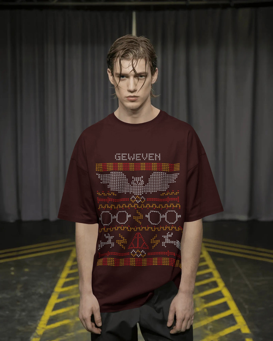Fair Isle jacquard Print Unisex Oversized T-Shirt - ONYX
