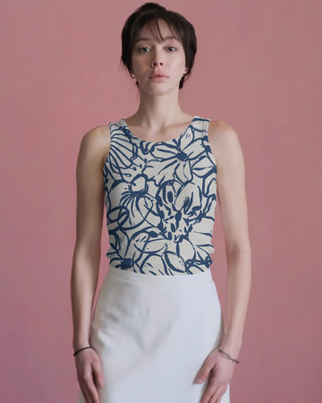 Blue Line Art Floral Tank Top